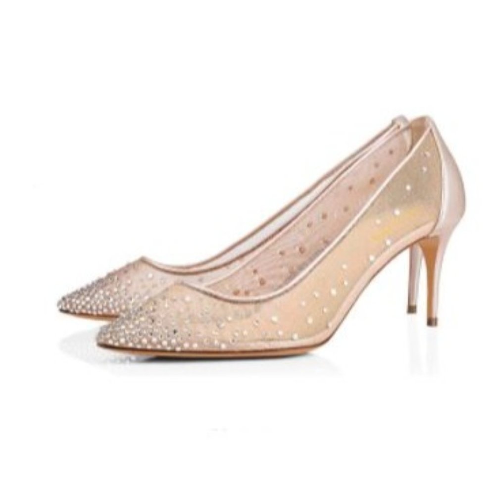 XYD Women Low Kitten Heels Pumps Rhinestones Mesh